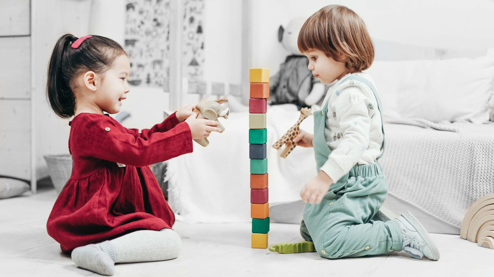 Fillettes jouant avec des jouets en bois